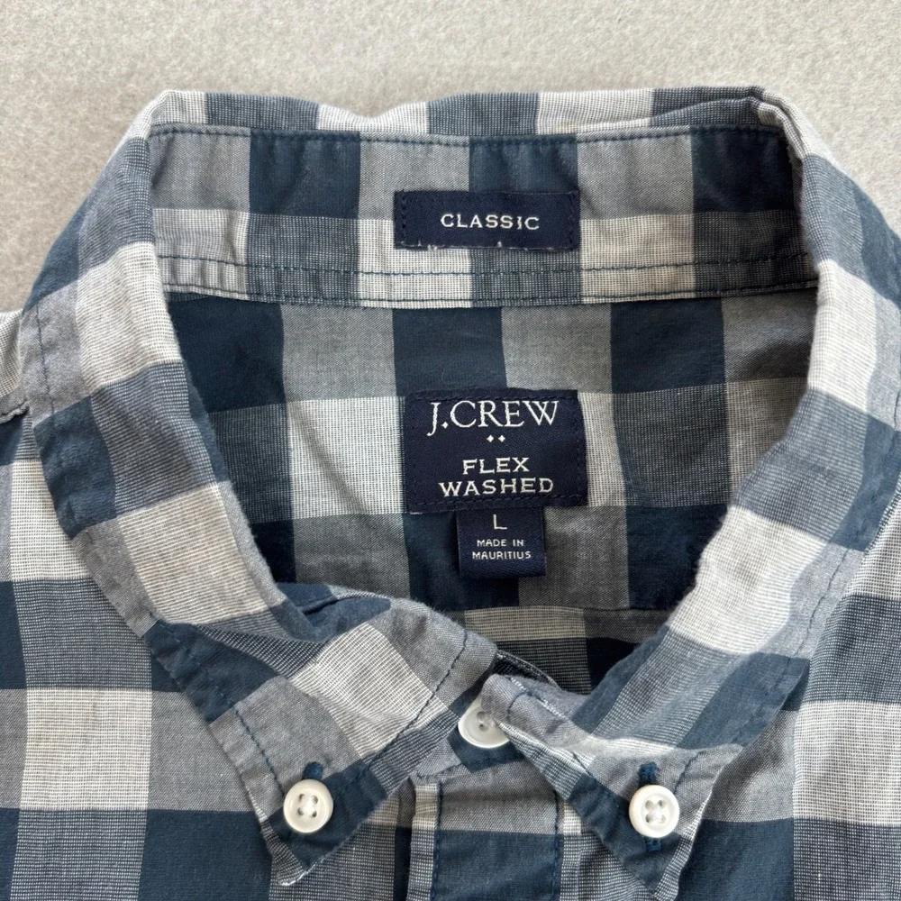 J. Crew Mens Large Flex Washed Classic Fit Navy Grey Gingham Button Down Shirt